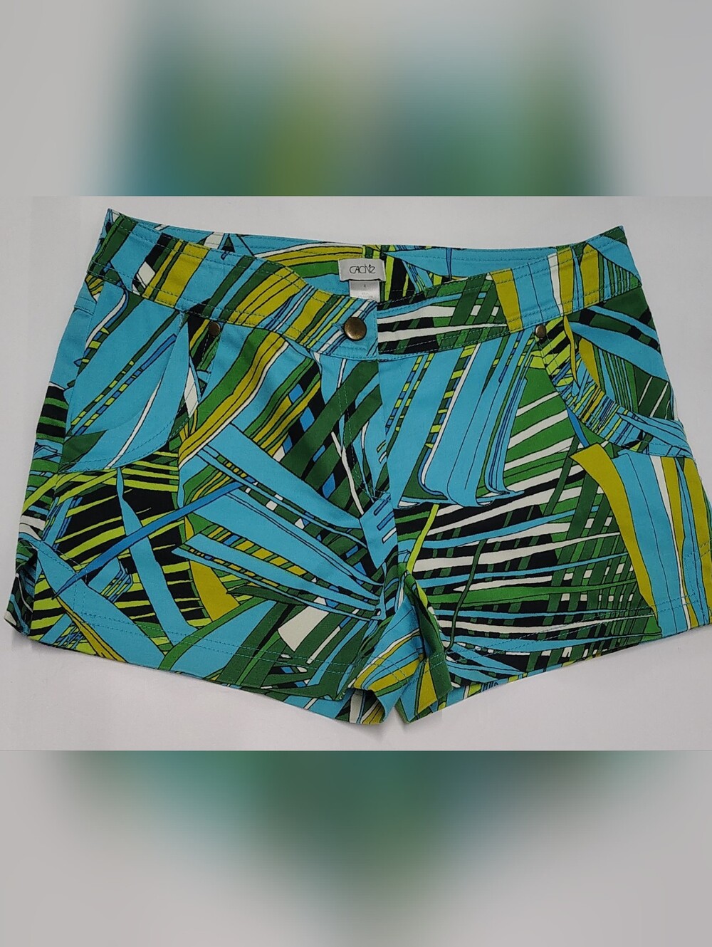 90's CACHE Leafy Tailored Dressy Shorts - Teal, Green & Turquoise Y2K Sz 4